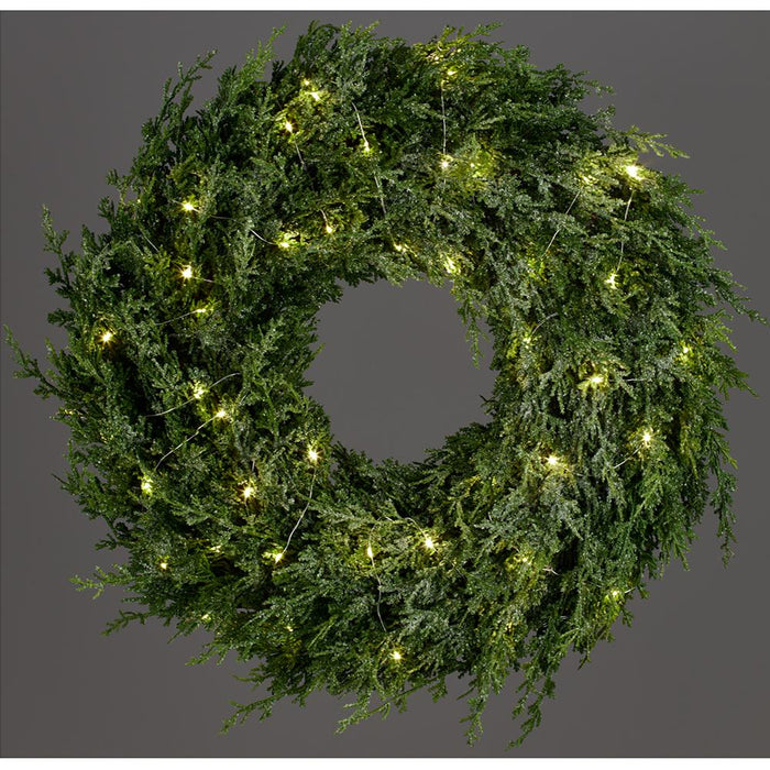 26" Flocked Artificial Cedar Wreath, Battery LED Pre-Lit -Green/White - YWC248-GR/WH