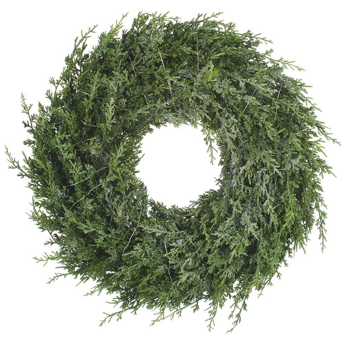 26" Flocked Artificial Cedar Wreath, Battery LED Pre-Lit -Green/White - YWC248-GR/WH