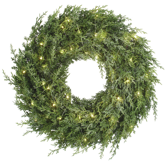 26" Flocked Artificial Cedar Wreath, Battery LED Pre-Lit -Green/White - YWC248-GR/WH