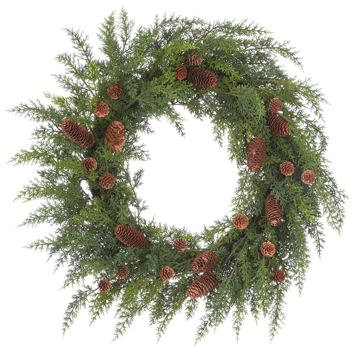 22" PE Soft-Touch Cedar & Pinecone Artificial Wreath -Green/Brown (Pack of 2) - YWC475-GR/BR