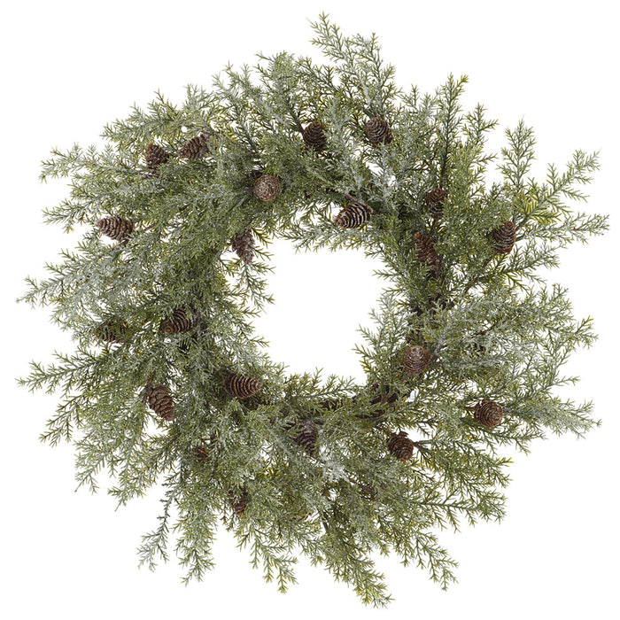 22" Glittered Artificial Cedar & Pinecone Wreath -Green/Brown - YWC626-GR/BR