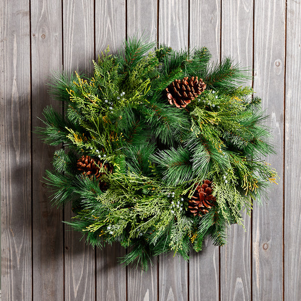 24" Artificial Pinecone, Berry, Cedar & Pine Hanging Wreath -Green/Brown (pack of 2) - YWP140-GR/BR