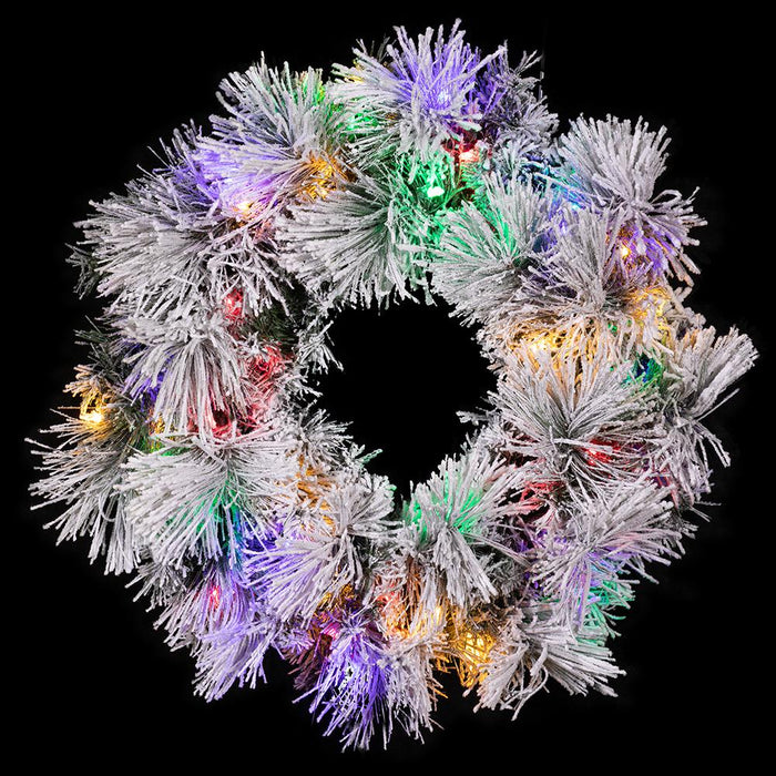 24" Flocked Pine Artificial Wreath, LED Pre-Lit (Multi-Mode) -Green/Snow (Pack of 2) - YWP421-GR/SN