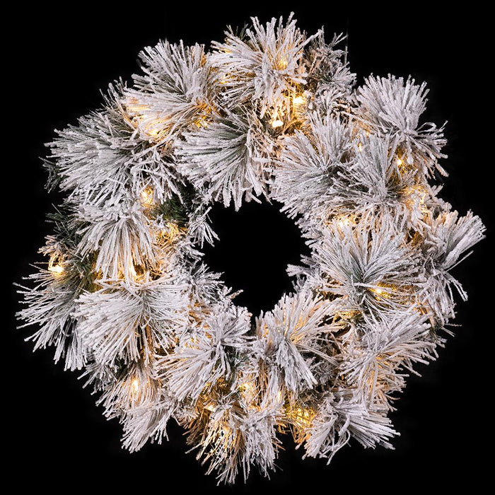 24" Flocked Pine Artificial Wreath, LED Pre-Lit (Multi-Mode) -Green/Snow (Pack of 2) - YWP421-GR/SN