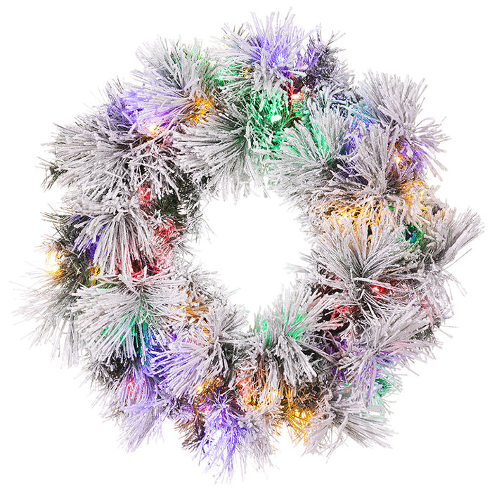 24" Flocked Pine Artificial Wreath, LED Pre-Lit (Multi-Mode) -Green/Snow (Pack of 2) - YWP421-GR/SN