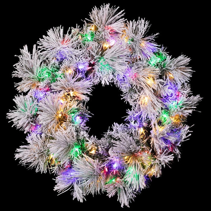 30" Flocked Pine Artificial Wreath, LED Pre-Lit (Multi-Mode) -Green/Snow (Pack of 2) - YWP422-GR/SN