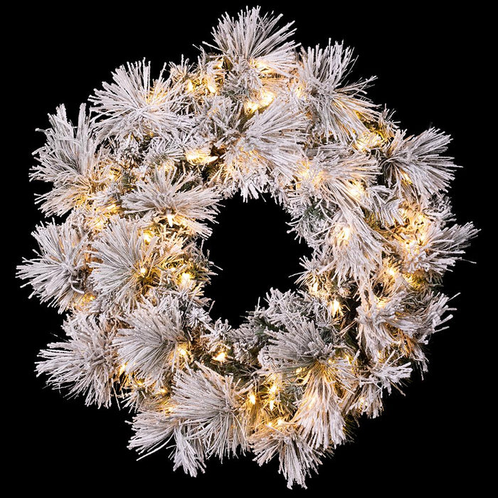 30" Flocked Pine Artificial Wreath, LED Pre-Lit (Multi-Mode) -Green/Snow (Pack of 2) - YWP422-GR/SN
