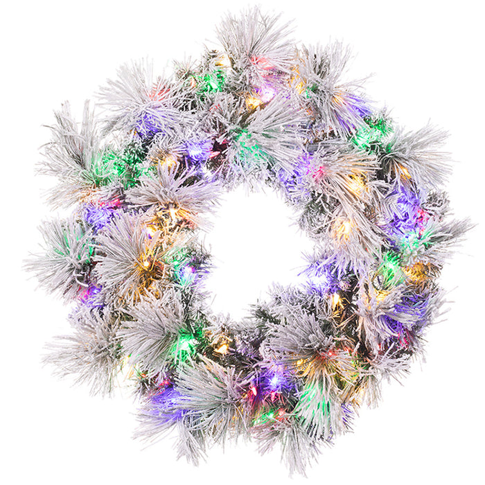 30" Flocked Pine Artificial Wreath, LED Pre-Lit (Multi-Mode) -Green/Snow (Pack of 2) - YWP422-GR/SN
