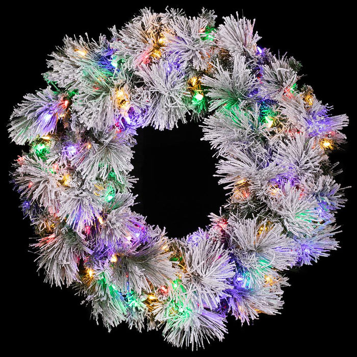 36" Flocked Pine Artificial Wreath, LED Pre-Lit (Multi-Mode) -Green/Snow - YWP423-GR/SN