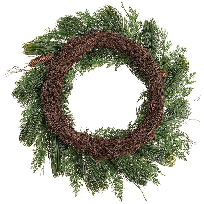 24" Plastic Pinecone & Mixed Pine Artificial Wreath -Green/Brown - YWX010-GR/BR