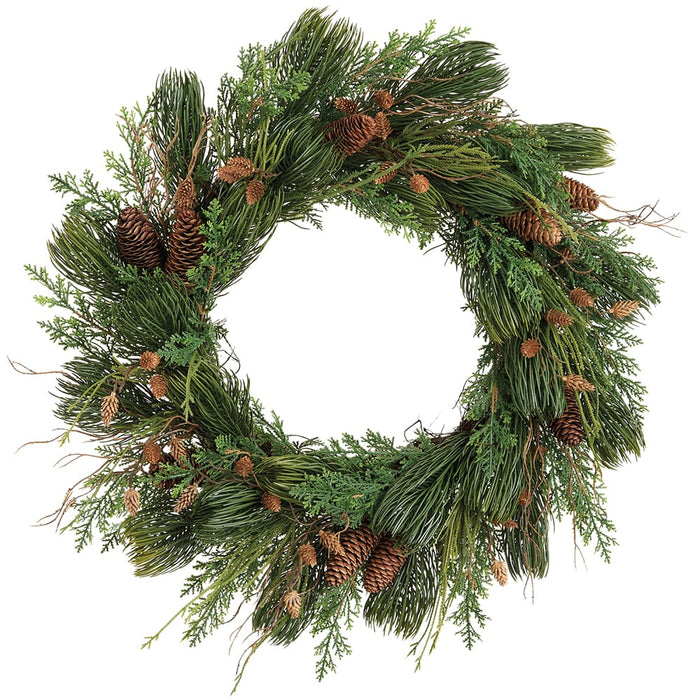 24" Plastic Pinecone & Mixed Pine Artificial Wreath -Green/Brown - YWX010-GR/BR