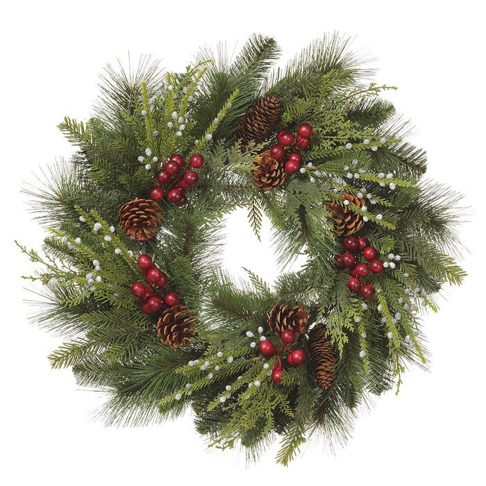 24" Faux Mixed Pine, Berry & Pinecone Wreath -Green/Red (Pack of 2) - YWX024-GR/RE