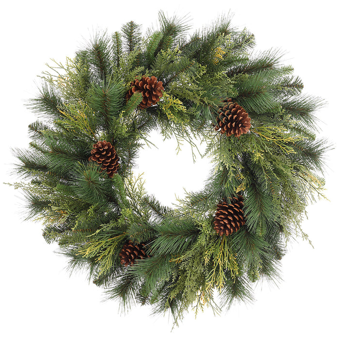 30" Artificial Pinecone, Cedar & Pine Wreath -Green/Brown - YWX130-GR/BR