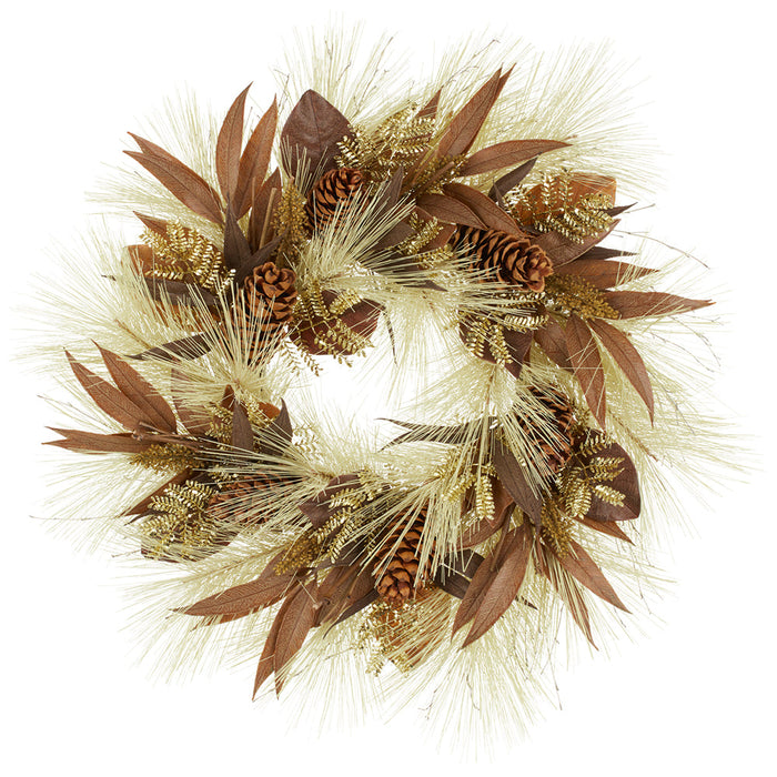 32" Mixed Artificial Long Needle & Willow Pine Wreath -Cream/Brown (Pack of 4) - YZLNWW-032