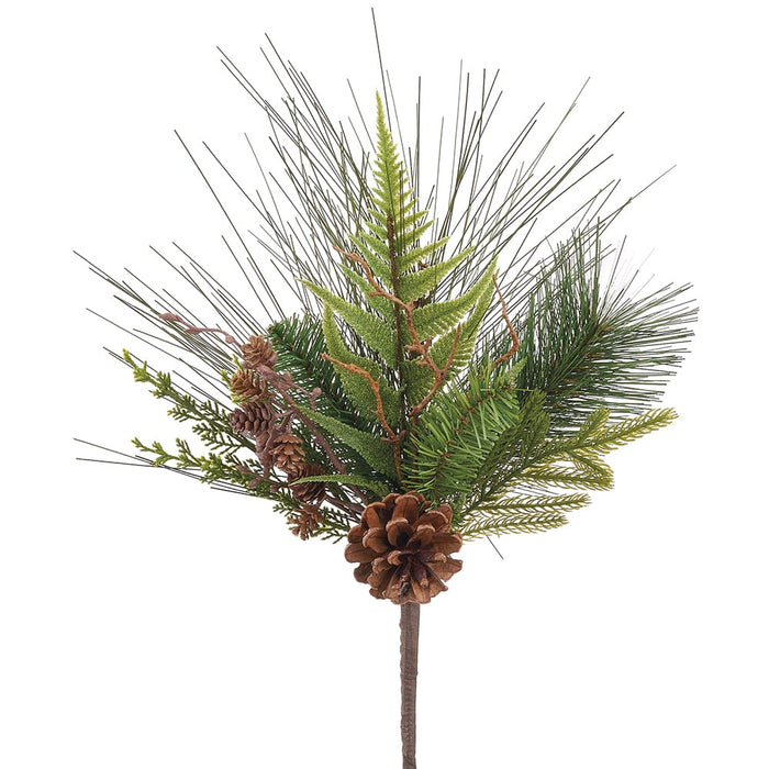 16" Erie Pine, Fern Leaf & Pinecone Artificial Stem Pick -Brown/Green (Pack of 12) - YZMXBK-