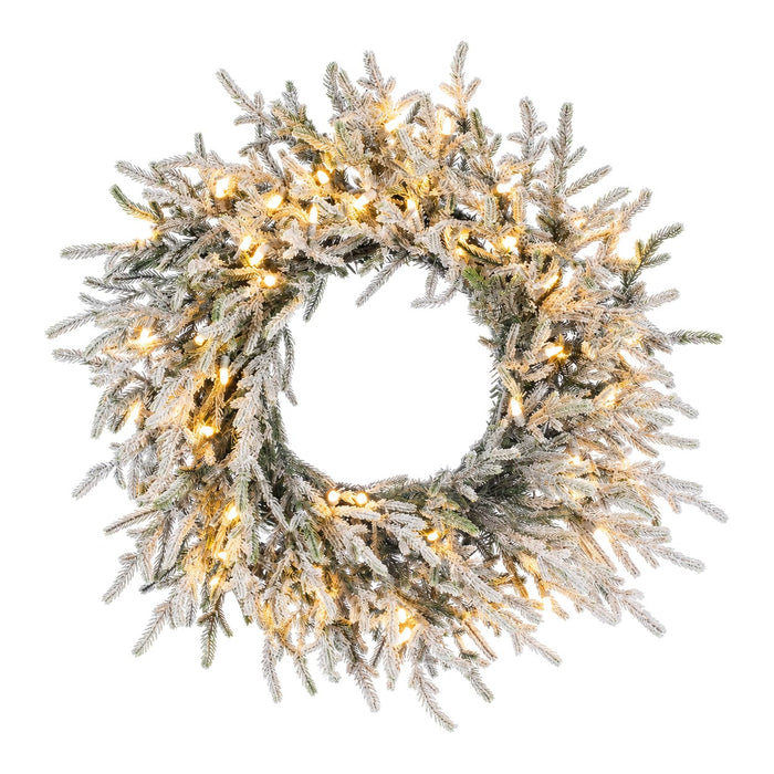 24" Artificial Flocked Willow Pine Wreath, LED Pre-Lit -Green (Pack of 12) - YZSWAW-24LD