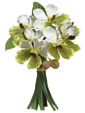 9" Hand-Wrapped Vanda Orchid Silk Flower Bouquet -White/Green (Pack of 2) - ZBQ772-WH/GR