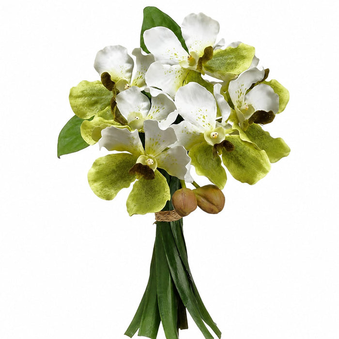 9" Hand-Wrapped Vanda Orchid Silk Flower Bouquet -White/Green (Pack of 2) - ZBQ772-WH/GR