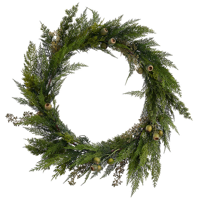 24" Artificial Eucalyptus Seed, Pod & Mixed Pine Wreath -Green - ZDW482-GR
