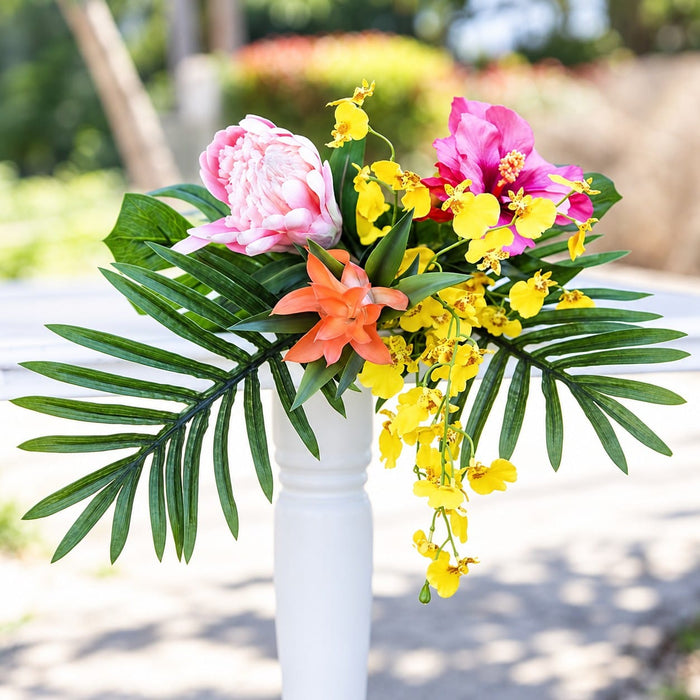 25" Silk Ginger, Protea, Hibiscus & Dancing Orchid Mixed Tropical Flower Stem Bundle -Mixed Colors (Pack of 4) - ZGB918-MX