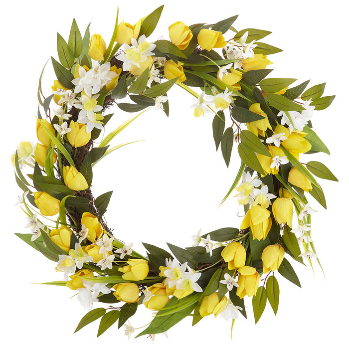 24" Tulip & Narcissus & Twig Silk Flower Hanging Wreath -Yellow/Cream (pack of 4) - ZJX534-YE/CR