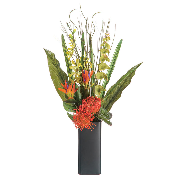 26" Protea & Bird Of Paradise Silk Flower Arrangement w/Tin Pot -Orange/Green (Pack of 4) - ZJX572-MX