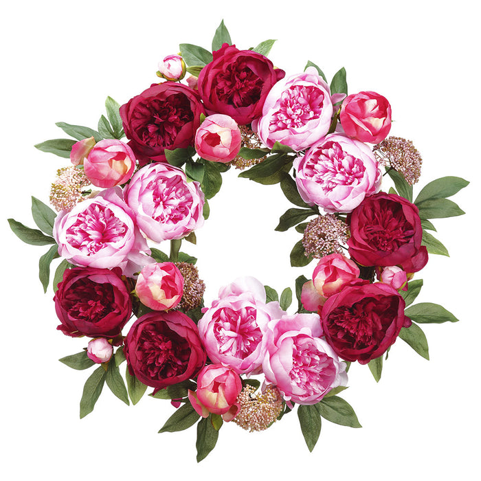 26" Mixed Silk Peony Flower & Twig Wreath -Pink/Burgundy - ZSW005-PK/BU