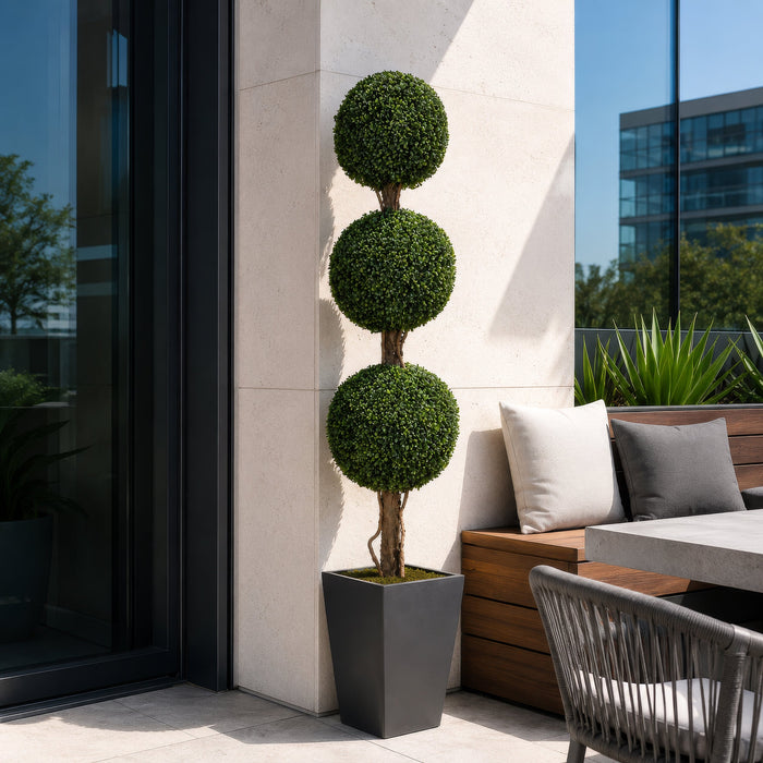 5' Outdoor UV-Proof Artificial Boxwood Triple Ball-Shaped Topiary Tree w/Pot -Green - A117000