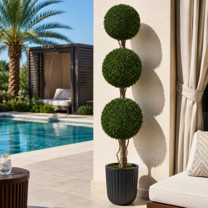 5' Outdoor UV-Proof Artificial Boxwood Triple Ball-Shaped Topiary Tree w/Pot -Green - A117000