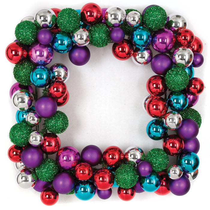 24" Artificial Mixed Plastic Ball Square-Shaped Hanging Wreath -Purple/Pink/Silver - A151914