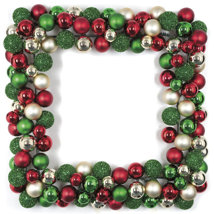 36" Artificial Mixed Plastic Ball Square-Shaped Hanging Wreath -Red/Green/Gold - A152358