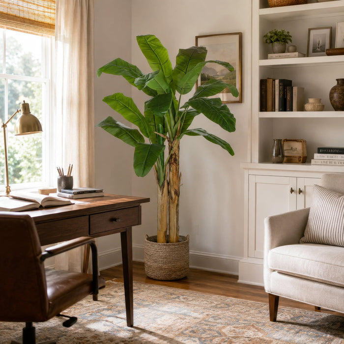 6' Soft-Touch Silk Banana Double Trunk Plant w/Pot -Green - A195870