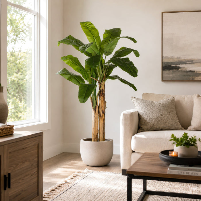 6' Soft-Touch Silk Banana Double Trunk Plant w/Pot -Green - A195870
