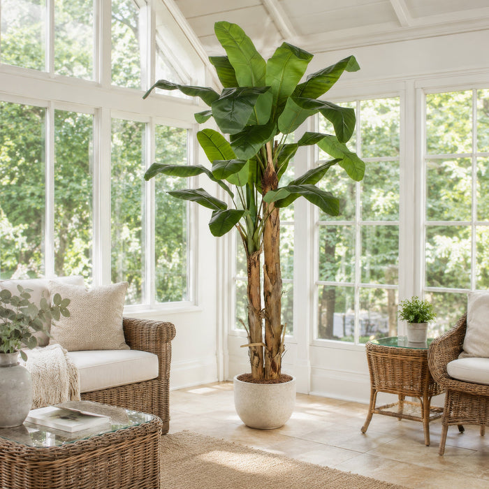 8' Soft-Touch Silk Banana Double Trunk Plant w/Pot -Green - A195960