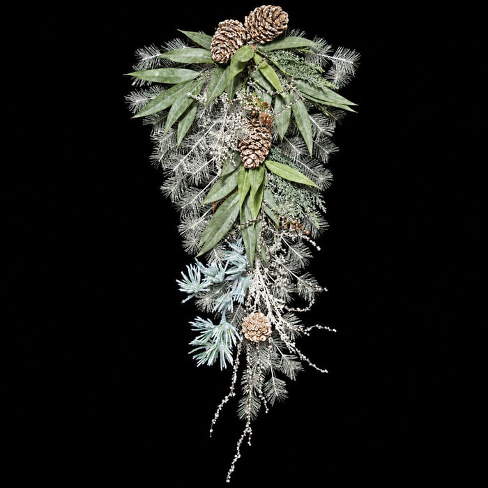 32" Artificial Iced Mixed Leaf, Pine & Pinecone Teardrop Swag -White/Green (Pack of 2) - C120000