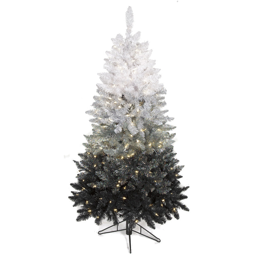 5'Hx34"W Tinsel Ombre Artificial Christmas Tree, LED Pre-Lit -Black/Silver/White - C150394