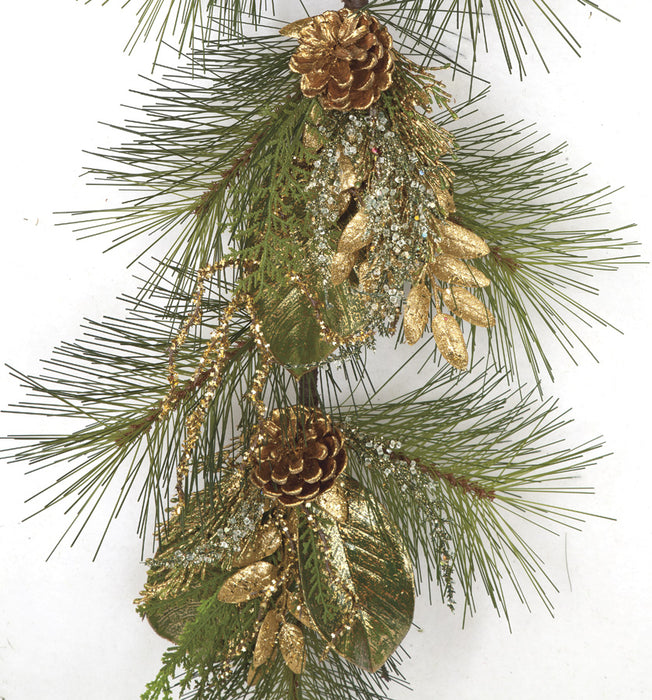 6'Lx12"W Sugar Pine w/Glittered Pinecone & Leaves Artificial Garland -Gold/Green (pack of 2) - C160013