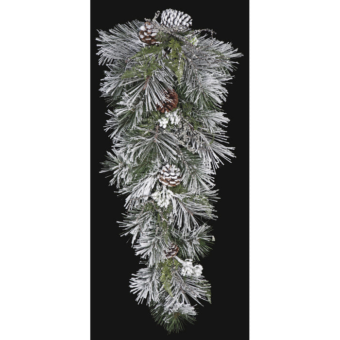 32" Artificial Flocked Long Needle Pine & Pinecone Teardrop Swag -White/Green (pack of 2) - C160030