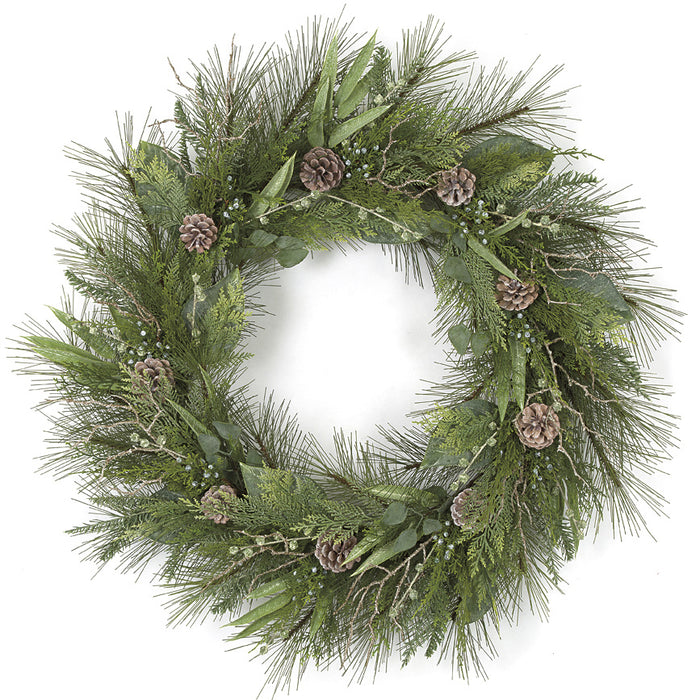 36" Artificial Mixed Pine, Bay Leaf, Juniper, Cedar & Pinecone Wreath -Green/Brown - C170000