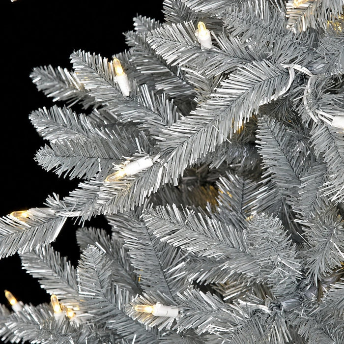 12'Hx59"W Matte Silver Artificial Christmas Tree, LED Pre-Lit -Silver/Iridescent - C180654