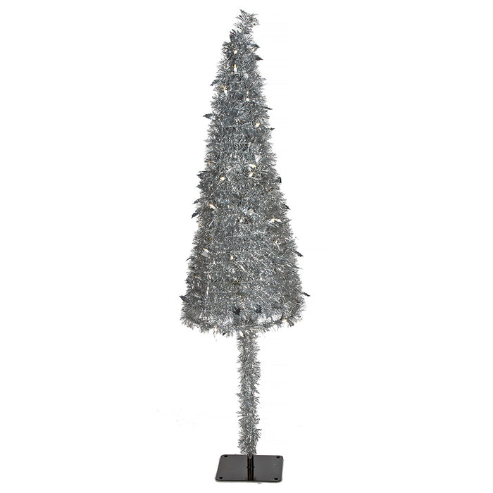 5'Hx15"W Tinsel & Foil Holly Leaves Pop Up LED-Lighted Artificial Christmas Tree w/Stand -Silver - C180328