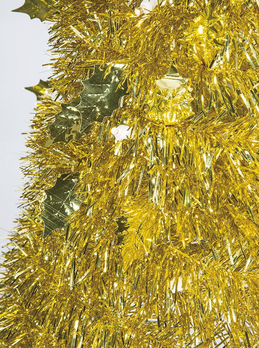 7'Hx20"W Tinsel & Foil Holly Leaves Pop Up LED-Lighted Artificial Christmas Tree w/Stand -Gold - C180348