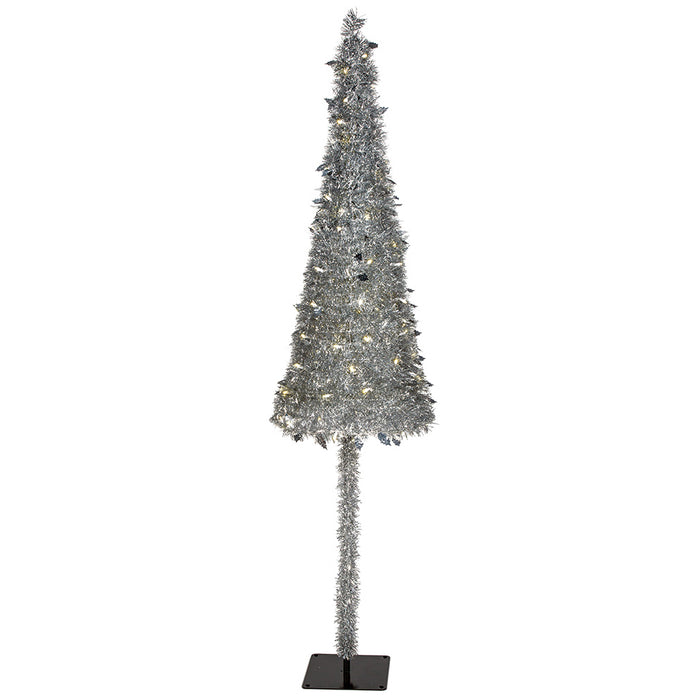 7'Hx20"W Tinsel & Foil Holly Leaves Pop Up LED-Lighted Artificial Christmas Tree w/Stand -Silver - C180358