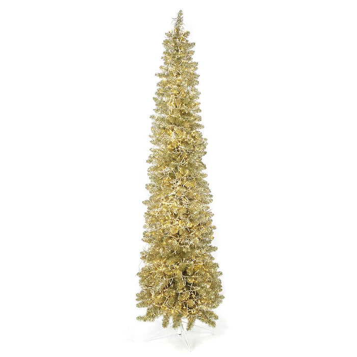 7'6"Hx24"W Tinsel Sparkling Champagne Pencil Artificial Christmas Tree, Micro LED Pre-Lit -Champagne - C180874