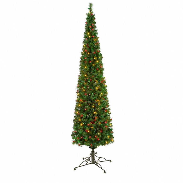 9'Hx30"W Charleston Pencil Pine Artificial Christmas Tree, Pre-Lit (Multicolor) -Green - C-71082