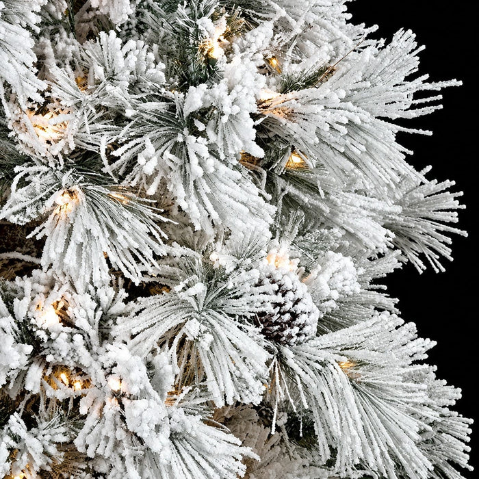 7'6"Hx62"W Heavy Flocked Long Pine & Pinecone Artificial Christmas Tree, LED Pre-Lit -White/Green - C-70424
