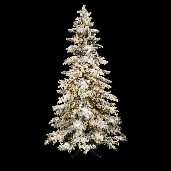 9'Hx65"W Heavy Flocked Pine Artificial Christmas Tree, LED Pre-Lit -White/Green - C91054