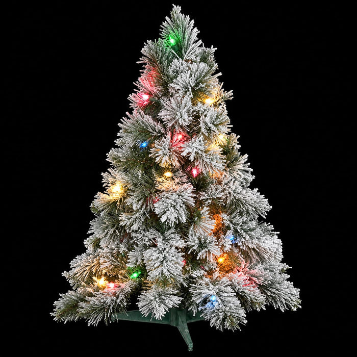 30"Hx25"W Flocked Mini Pine Artificial Tree, Pre-Lit (Multicolor) -White (Pack of 2) - C91092