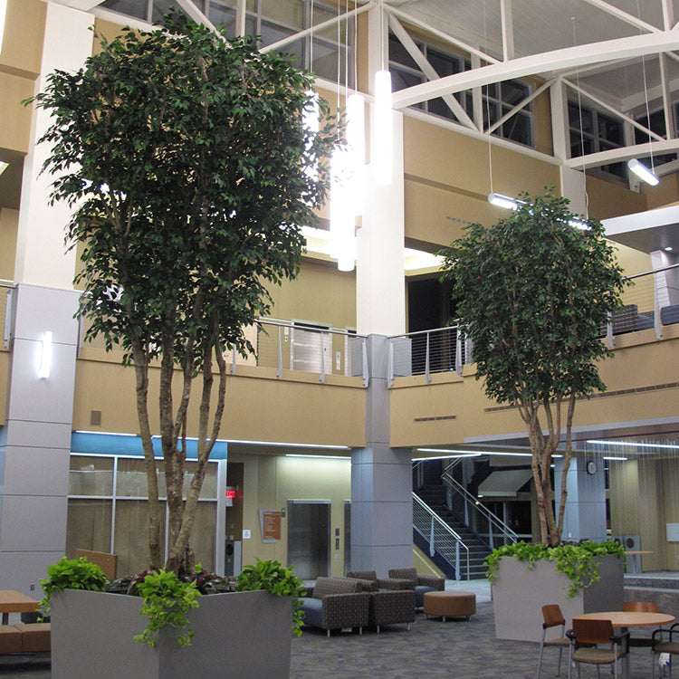 Two tall artificial trees in a bright indoor atrium