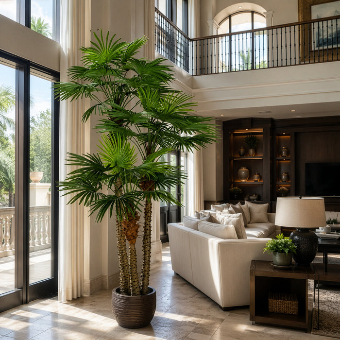 9'6" Silk Fan Double Trunk Palm Tree w/Pot -Green - P184230
